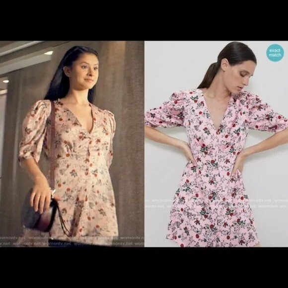 Zara Satin Effect Rose Floral Button Front Short Sleeve Dress Pink Size Medium - Picture 4 of 9